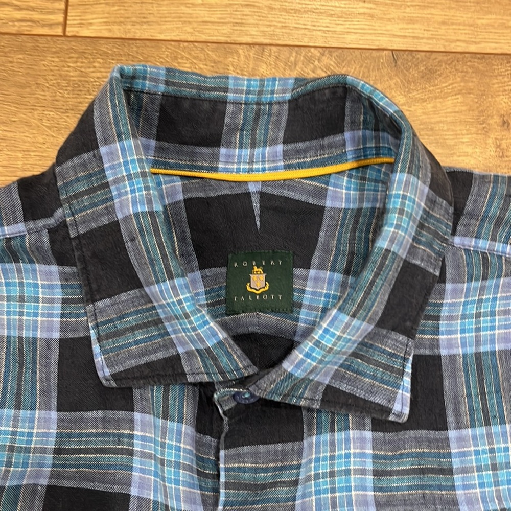 Robert Talbott Linen Shirt Men’s Extra Large Plaid Blue Button Up XL